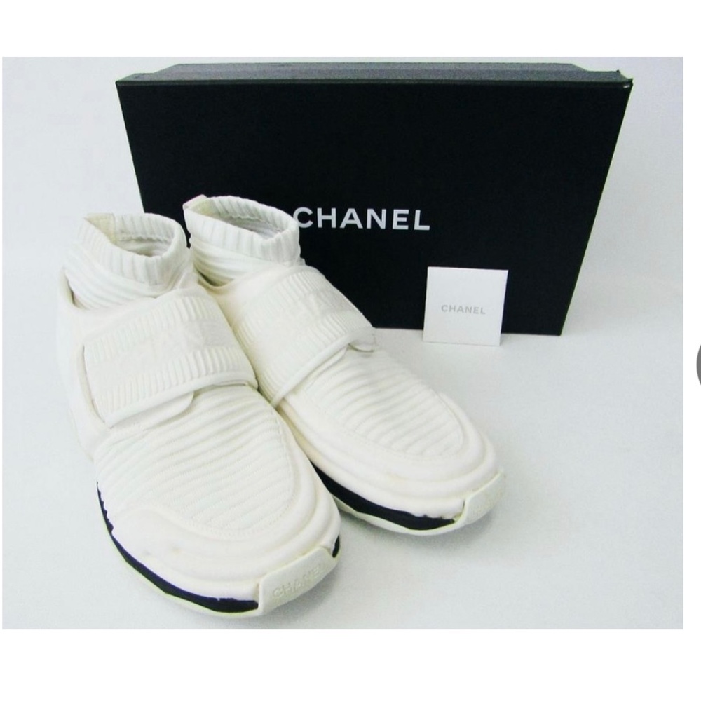 White Black 17b Stretch Fabric Knit Sock Flat Trainer 39.5 Sneakers